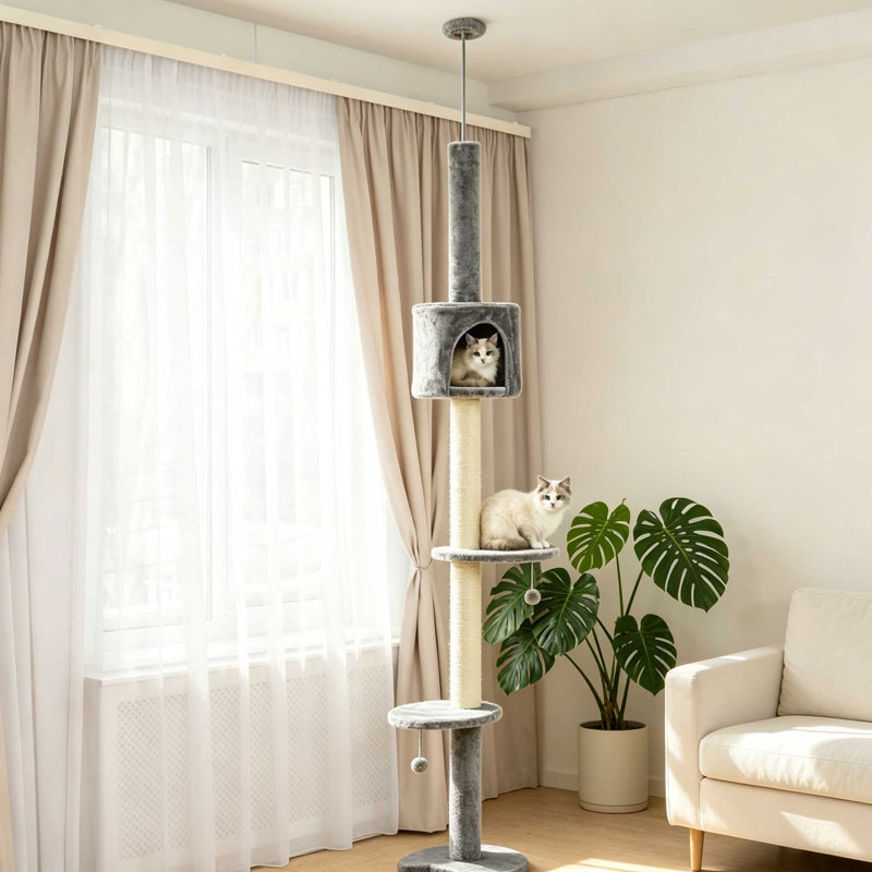 Floor‑to‑Ceiling Cat Tree Multi‑Tier Activity Centre with Condo, Scratching Post & Hanging Balls, Light Grey