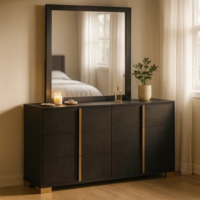 Dex Wide 6 Drawer Dresser With Mirror, Contemporary Gold Metal, Black, Black/Gold