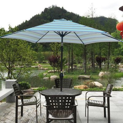 9ft Outdoor Umbrella, Blue Striped Canopy, Hexagon Design, 45 Degrees Tilt, Crank Lift To Open And Close, Steel Pole Ribs, Weather Canopy