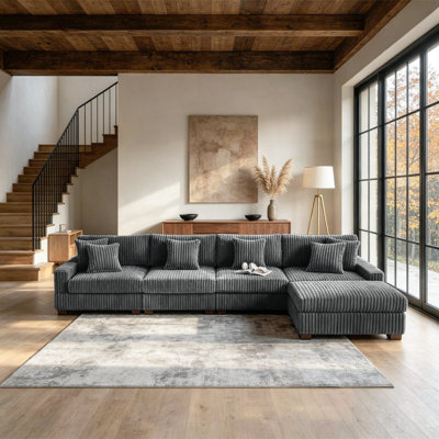 5 - Piece Upholstered Gray Faux Rabbit Fur Flannel Modular Sectional Sofa with Throw Pillows & Removable Ottomans