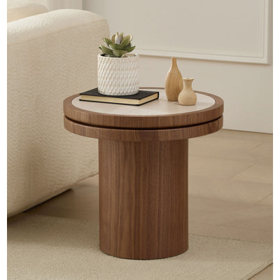 19.49 inch Round MDF Side Table Sintered Stone Tabletop for Living Room Bedroom WALNUT