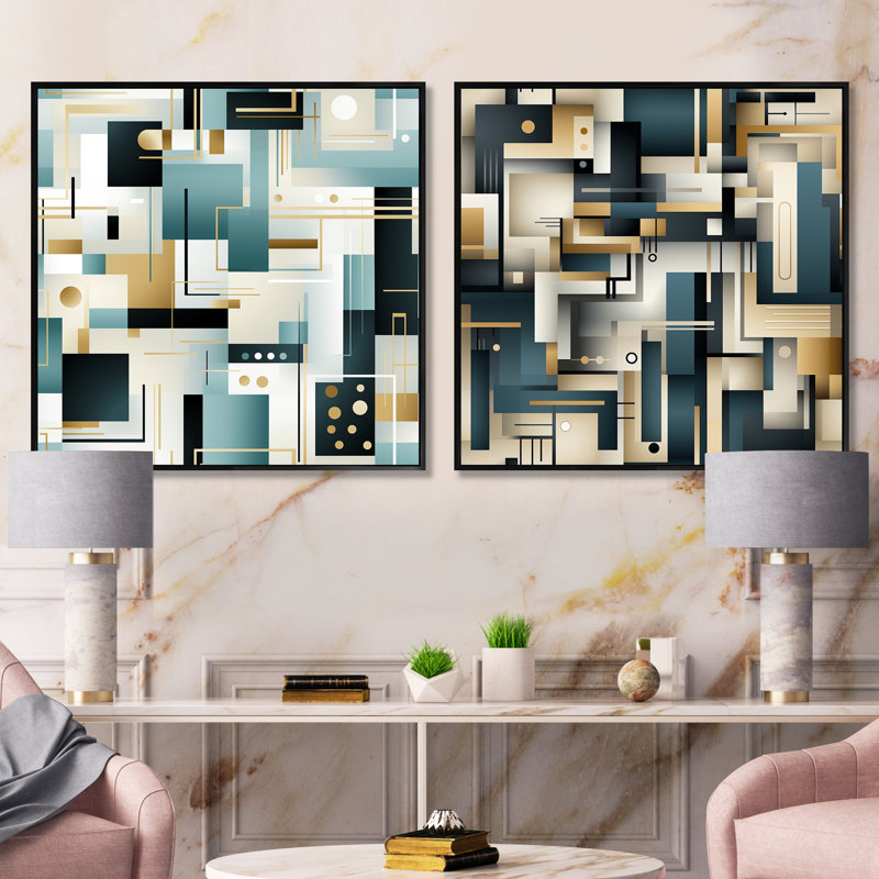 Crayson - Abstract Shapes Square Collage Set Of 2, Black Floater Framed, 16" H x 33" W