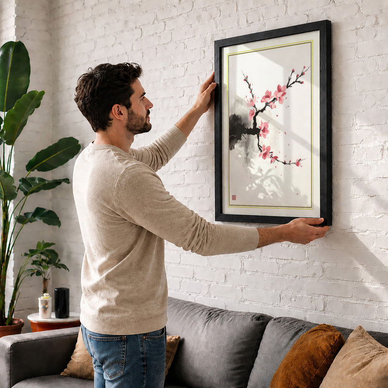 Spring Blossom Branch Japandi - Framed Print, Walnut, A3 - 42.0 x 29.7 cm