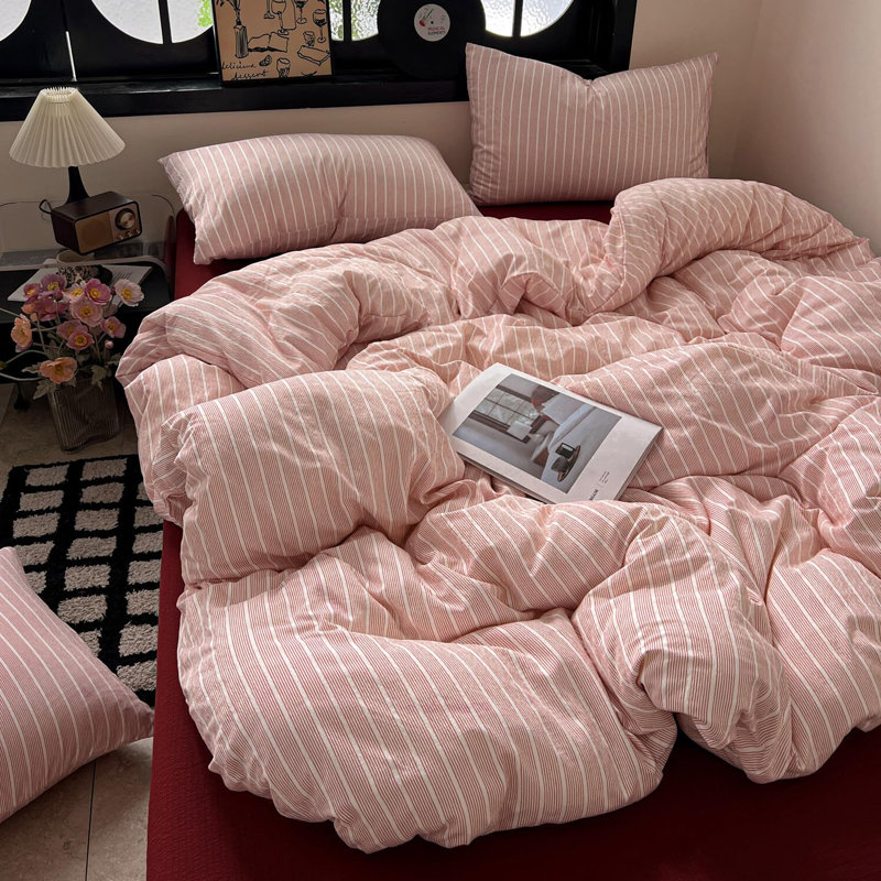 Ensemble de housse de couette à rayures rose et blanc pour filles avec housse de couette à rayures et taies d'oreiller