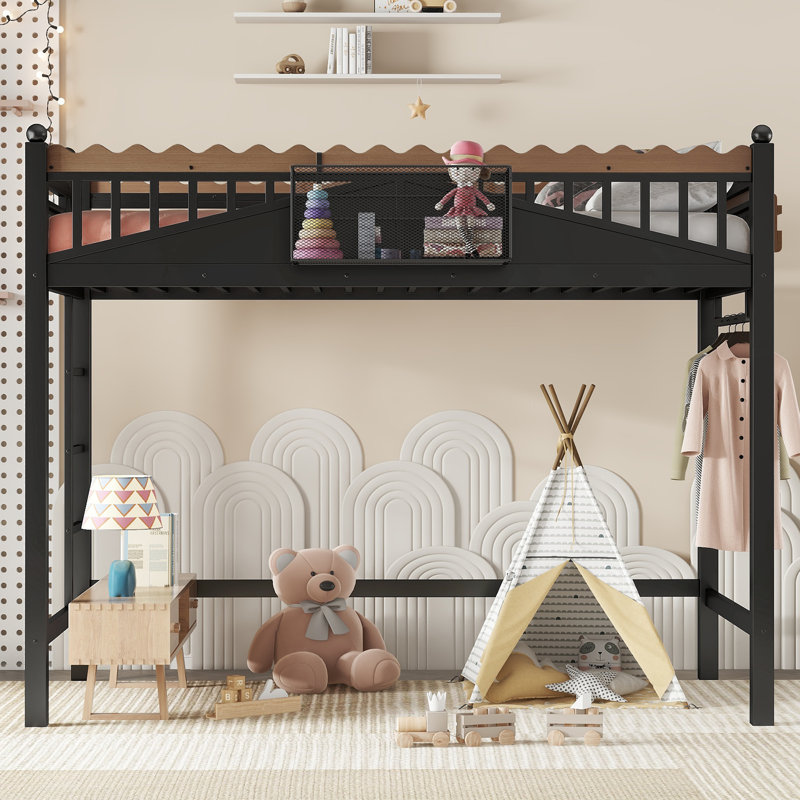 Twin XL Size Loft Bed with Ladders, Metal Loft Bed with Storage Shelves and bookshelf, No Box Spring Needed and Chic Design, Black