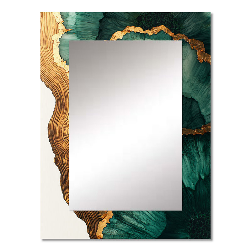 Emerald Leaves Wood Slide III - miroir géode unique en pierre, grand miroir mural traditionnel, impression d'art en métal