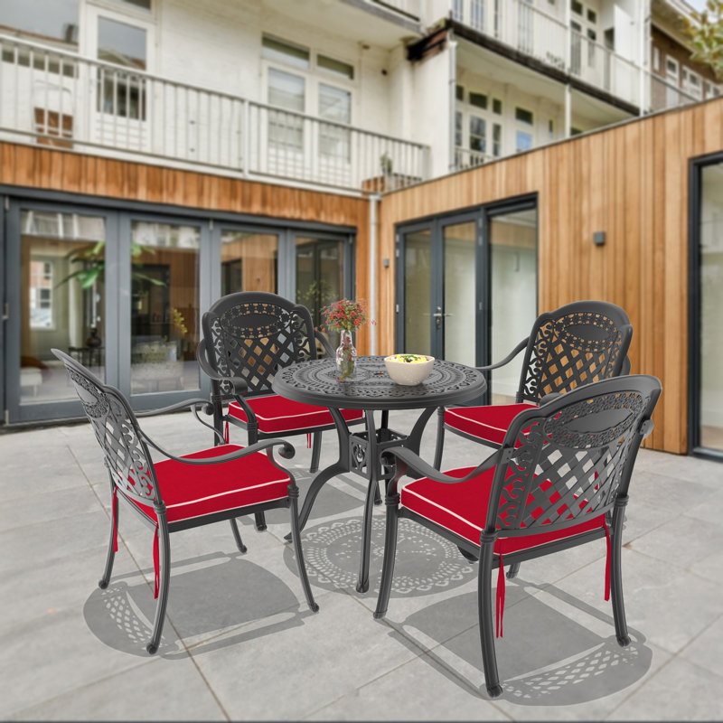Aadithya 5-Piece 31.5-inch Round Table Cast Aluminum Outdoor Dining Set with Umbrella Hole and Red Cushions