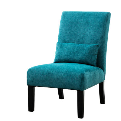 Chenille Fabric Chair In Teal Blue, Solid Wood Legs For A Piece Blue With Pillow An Elegant Touch