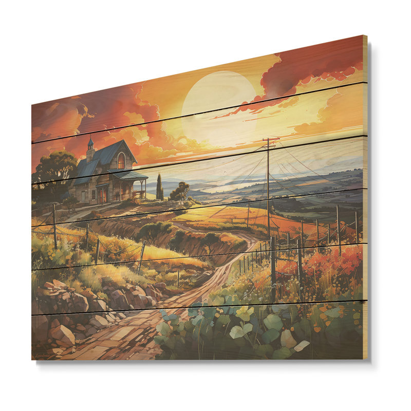 Vineyard Sunset - Vineyard, panneau mural en bois sur bois de pin naturel, H 24 po x l 32 po
