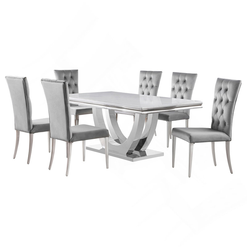 Ensemble de table de salle à manger 7 pièces gris et chrome, 7 pièces : table, 6 chaises, Gris