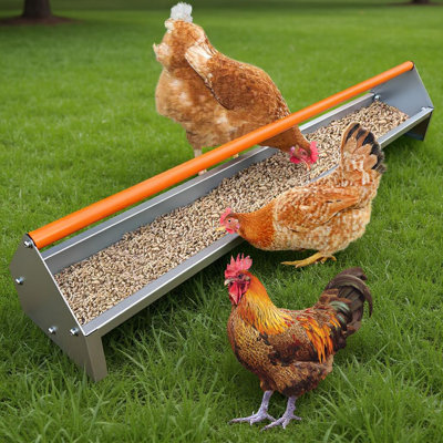 Auge pour poulets 45 pouces, mangeoire en acier galvanisé robuste avec trous de drainage et barre transversale, mangeoire pour poulets en métal de grande capacité pour poulets, pigeons, canards orange