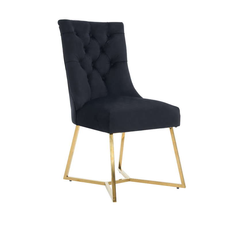 Ambra Modern Velvet Dining Chair With Gold Legs, Ring Handle & Tufted Back, Black