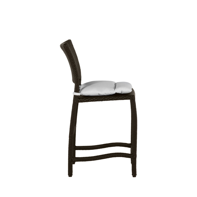 Skye 24" Patio Bar Stool with Cushion, Welt, Arbor Chambray Dove Sunbrella®, Black Walnut
