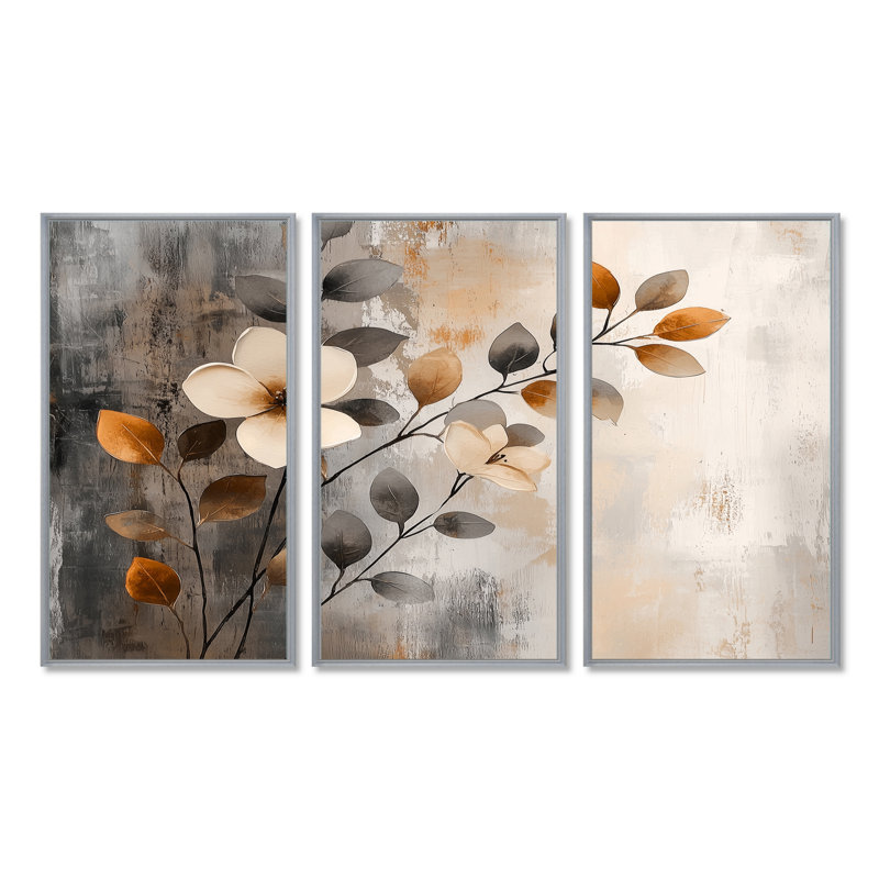 Ensemble de décorations murales fleurs de cerisier orange et gris, Toile avec cadre flottant or, H 32 po x l 48 po x P 1 po