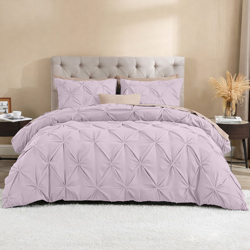  Luxurious Microfiber Pintuck Design Duvet Cover With Pillowcases , Pink, Double Duvet Cover + 2 Standard Pillowcases