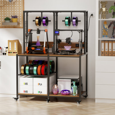 Double support pour imprimante 3D avec rangement pour filament, banc de travail double pour imprimante 3D à cadre en métal robuste, porte-filament de type T, roues verrouillables, support d'imprimante mobile ou fixe pour la maison et l'atelier