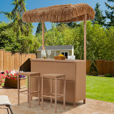 Outdoor Tiki Bar Set, Wicker Patio Bar w/2 Stools, Storage Shelf for Backyard Poolside Garden