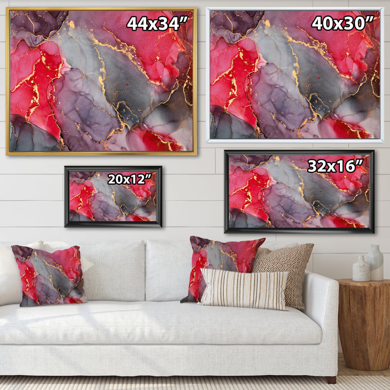 «Red Luxury Abstract Fluid Art I», reproduction sur toile, H 16 po x l 32 po x P 1 po, Cadre flottant en érable