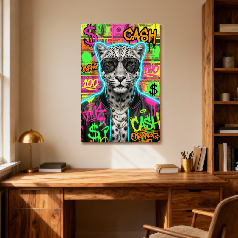 Animaux léopard coloré avec des lunettes de soleil et des thèmes d'argent, H 40 po x l 28 po