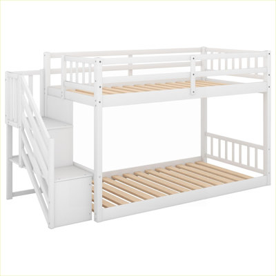 Traditional Low-Profile Twin Over Twin Floor Bunk Bed with Wide Safety Ladder, Solid Pine Construction, White Finish