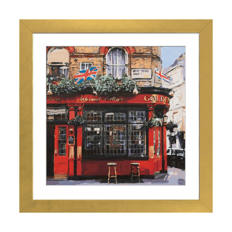 UK Golden pub - reproduction d'art murale - papier d'art encadré, 16" x 16", Papier encadré, Gold