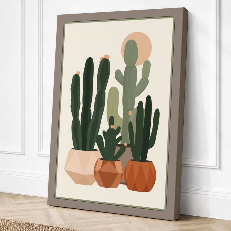 Cacti in Terra Cotta Botanical - Wrapped Canvas, 18x12 - 45.7 x 30.5 cm, Taupe Border