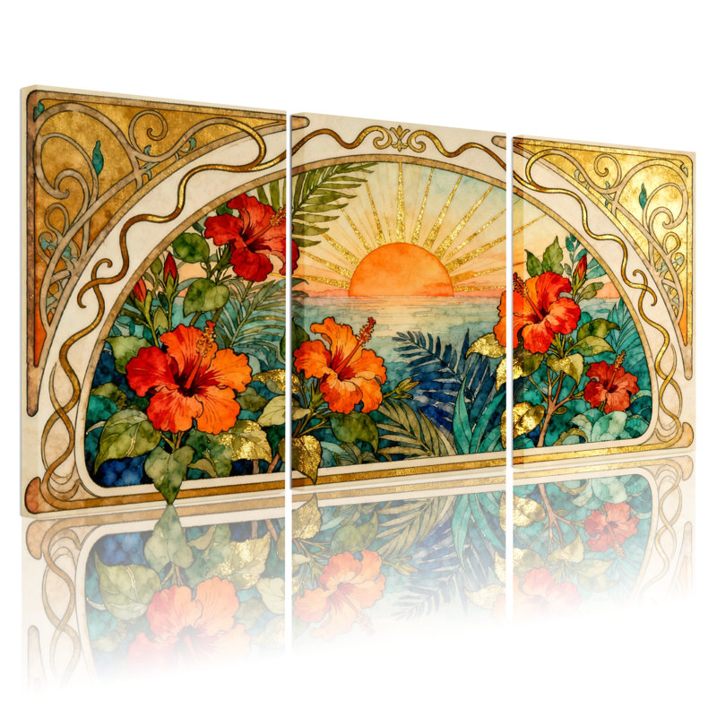 Hibiscus tropical et coucher de soleil, ensemble de 3 reproductions d'art sur toile, H 24 po x l 48 po