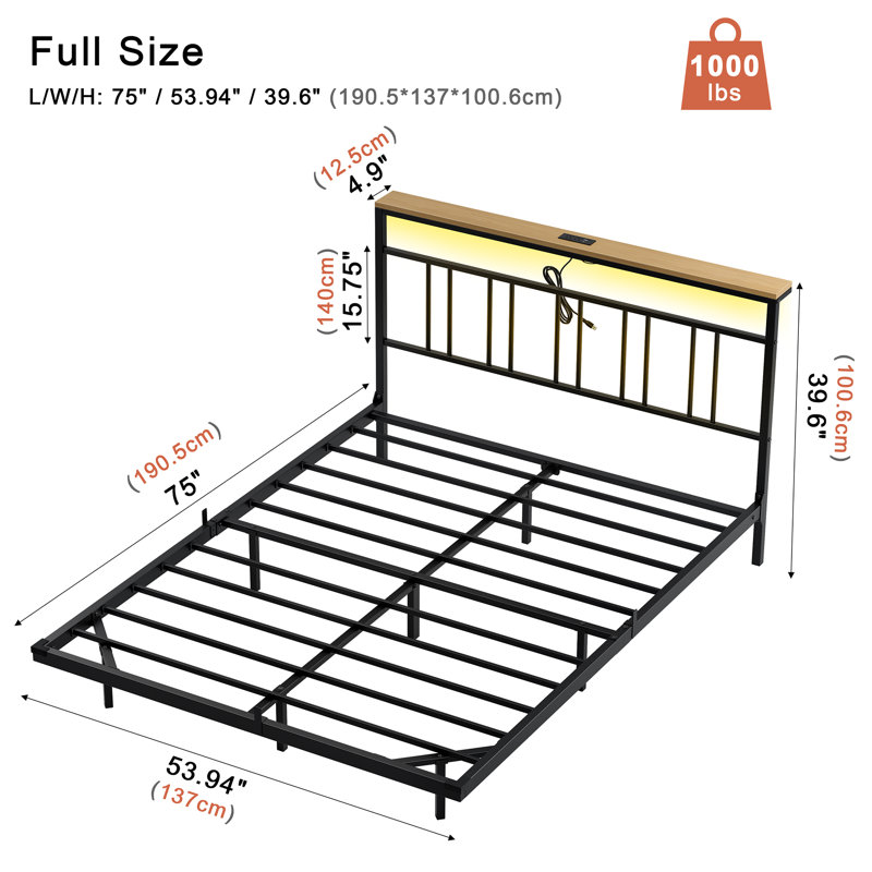 Floating Bed Frame with Storage Headboard,Modern Metal Platform Bed with LED & Charging Station,No Box Spring Needed, Full