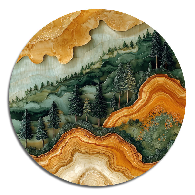 «Emerald River Into The Pine Wood Forest II», reproduction d'art métallique traditionnelle orange, H 23 po x l 23 po