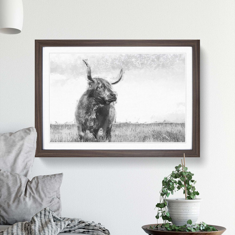 Highland Cow in Abstract - Framed Print, 36cm H x 48cm W x 2cm D, Walnut Framed