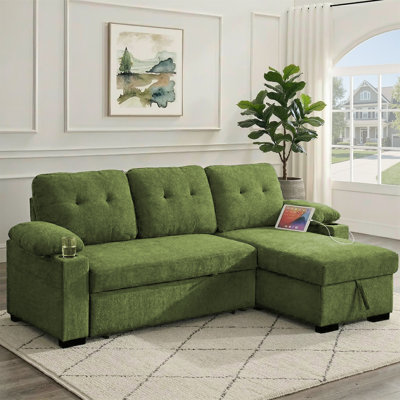 95" Sleeper Sectional Sofa with Pull-Out Bed, Convertible L-Shaped Couch with Reversible Storage Chaise, USB Ports, Cup Holders & Side Table for Living Room, Apartment