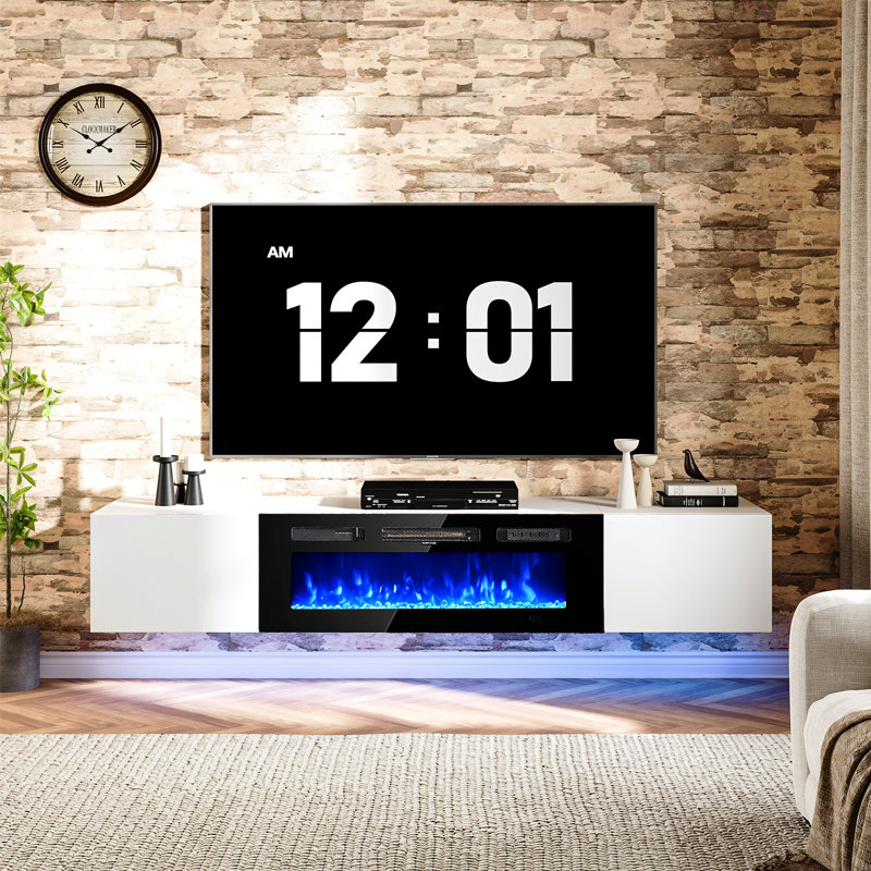 Floating Tv Stand With 36" Electric Fireplace, Wall Mounted Fireplace Entertainment Center With Storage For Tvs Up To 80", Adjustable Partition