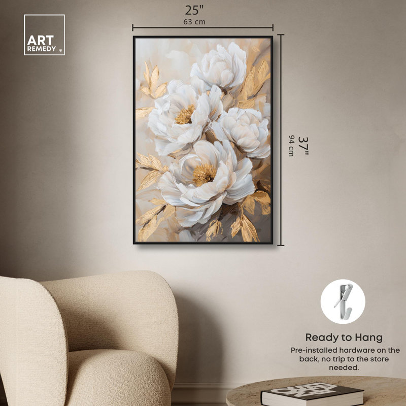 Art Remedy, art floral élégant sur toile, Blooming in the Golden Mist, H 37 po x l 25 po, Cadre flottant noir