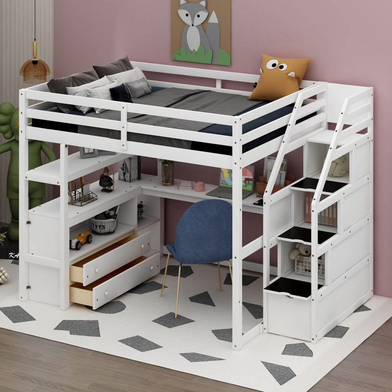 Lit mezzanine double avec tiroirs Varujhan Kids, Blanc