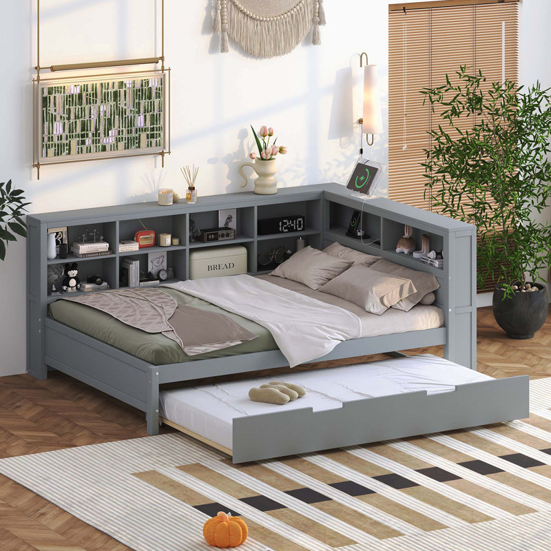 Grey Wooden Full Size Daybed With Twin Size Trundle, Storage Shelf & USB Charging Ports, Gray, Full