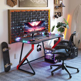 Small Gaming Desk With LED Lights, Computer Desk For Home Small Space, Gaming Table With Carbon Fibre Surface, PC Gamer Desk For Kids