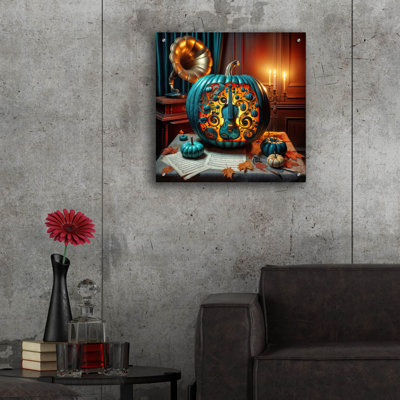Art mural en verre épique «Teal Pumpkin Music» par Rey Klimt, 24 po x 24 po