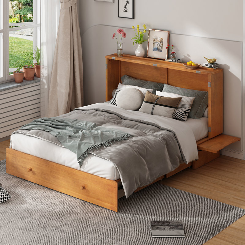 Grand lit escamotable Gracie Oaks, commode escamotable avec matelas en mousse à mémoire de forme, lit escamotable pliable peu encombrant avec station de charge et tiroir de rangement pour chambre à coucher, petit espace