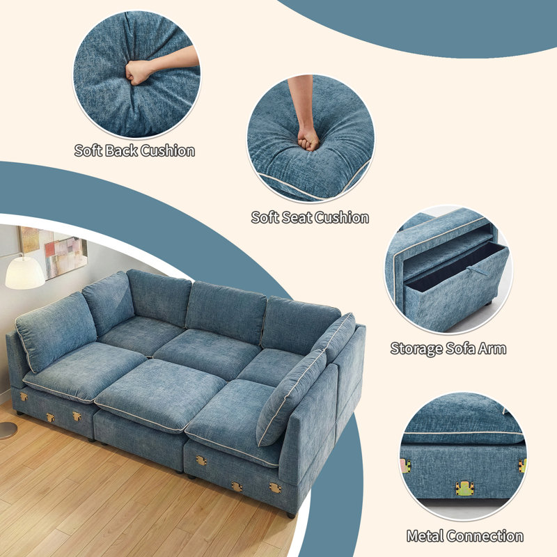 6-Piece Blue Chenille Modular Sectional, Blue