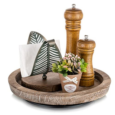 Turntable Rustic Wooden Serving Tray: Round Wood Decorative Vintage Centerpiece Candle Holder Trays Farmhouse Ottoman Tray With Turn Table For Kitchen Countertop Coffee Table