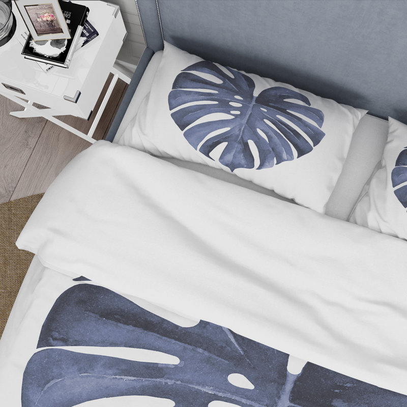 Feuilles d'aquarelle tropicales bleues III - ensemble de housse de couette traditionnel - microfibre de polyester