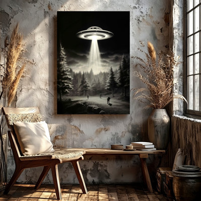 UFO enlèvement affiche noir blanc Alien Spaceship Forest impression, impression sur toile, nature paysage salon bureau, décoration murale surréel moderne pour appartement loft entrée maison