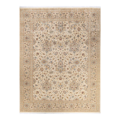 Tapis unique ivoire / mauve / jaune noué à la main Mogul 9 pi 2 po x 11 pi 10 po