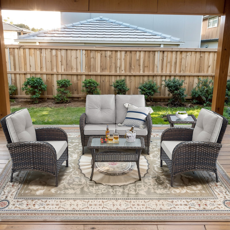 Aluel 5-Pieces Outdoor Patio Loveseat Seating Group With Cushions, Beige