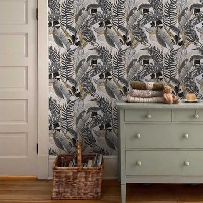 Papier peint à peler et coller avec feuilles - Papier peint auto-adhésif amovible pour la chambre à coucher, l'armoire, les locataires - Design blanc doré - 17,71 po x 236,2 po (29 pieds carrés)