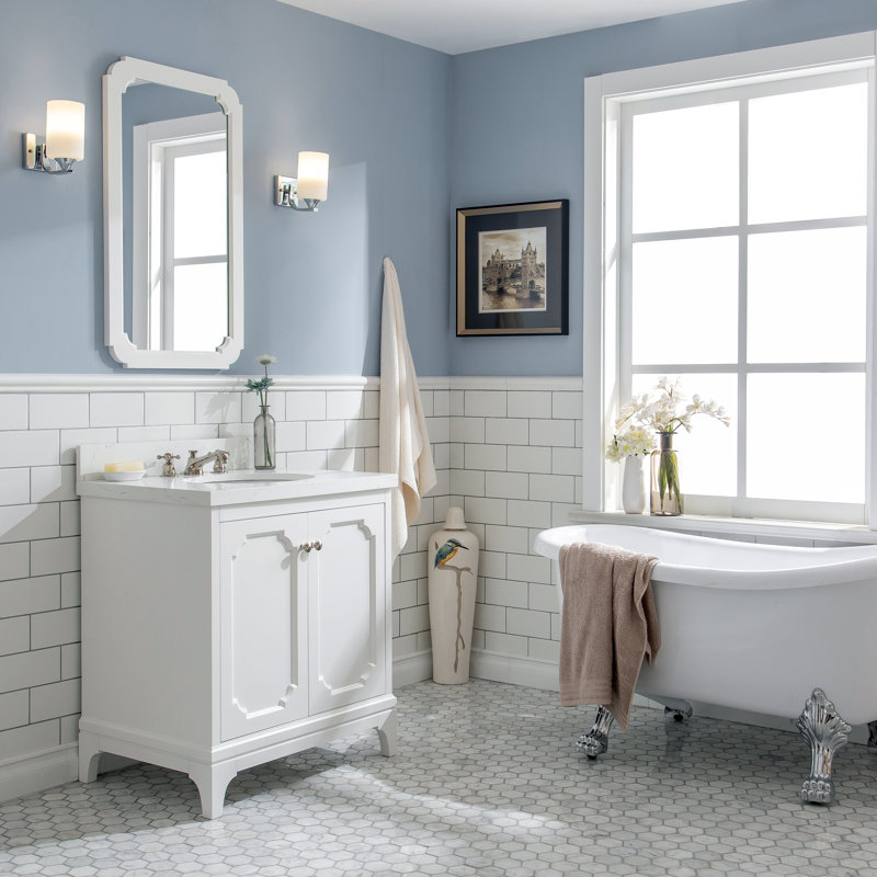 Queen 30" Sink Carrara Engineered Marble Countertop Bath Vanity with Faucet, Pure White, Standard