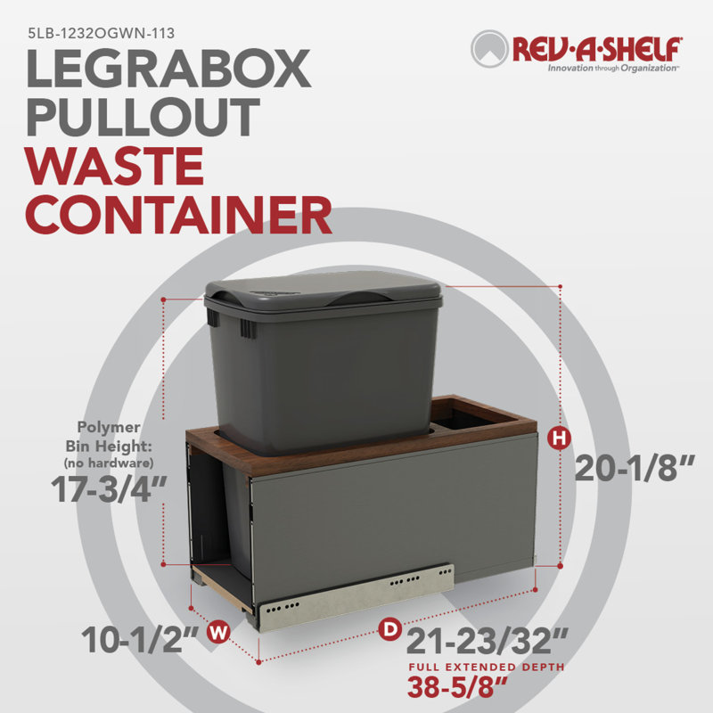 Poubelle coulissante simple LEGRABOX 32 pintes, gris Orion/noyer, avec fermeture amortie BLUM pour armoires basses sans cadre de 12 pouces