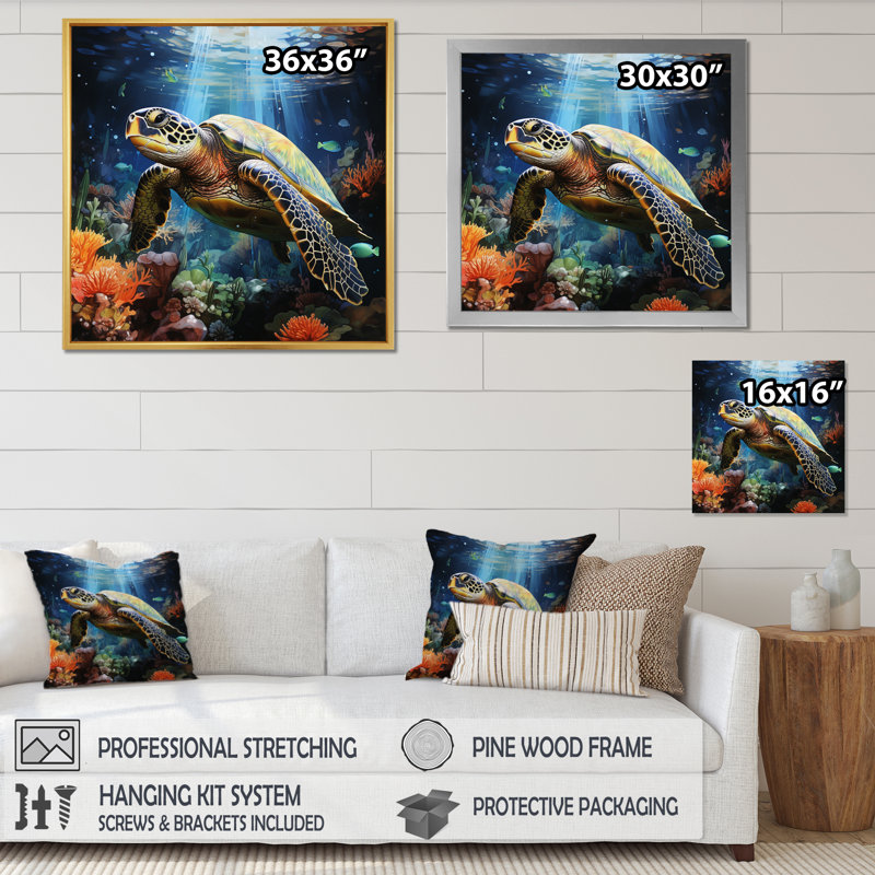 Tortue verte et bleue, animaux marins, art mural, H 16 po x l 16 po x P 1 po, Toile tendue