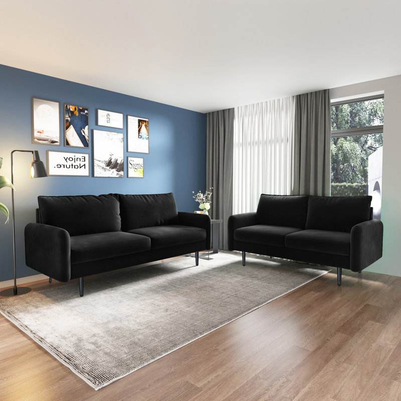 70" Velvet Round Arm Sofa, Black Velvet