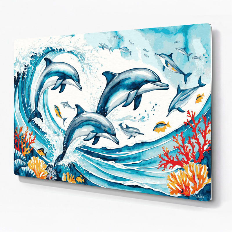 «Hawaiian Dolphins», art mural en métal bleu, H 11 po x l 14 po